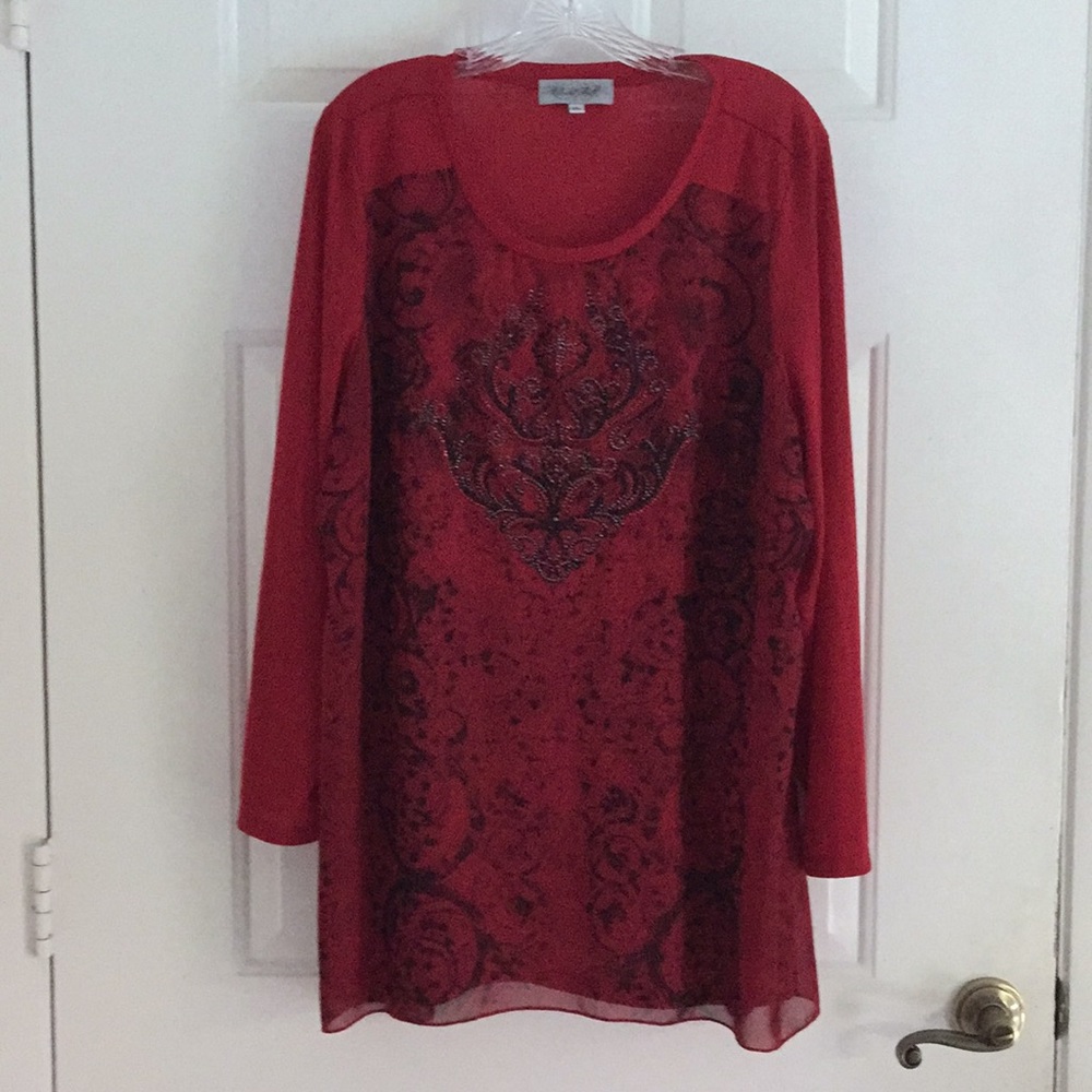 Elegant red and black long sleeve dress blouse